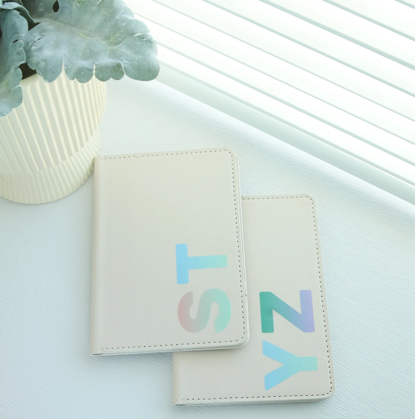 Personalized Two Gradient Pastel Initials White Glossy Leather Passport Holder Custom Dual Monogram Travel Wallet Gift