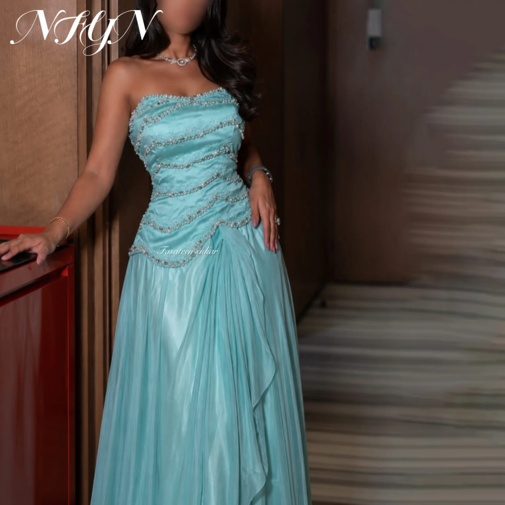 NFYN Blue Strapless Prom Dress Multi-Layer Bead Evening Dress Draped Chiffon Long Party Gown robe de soirée For Women Customized