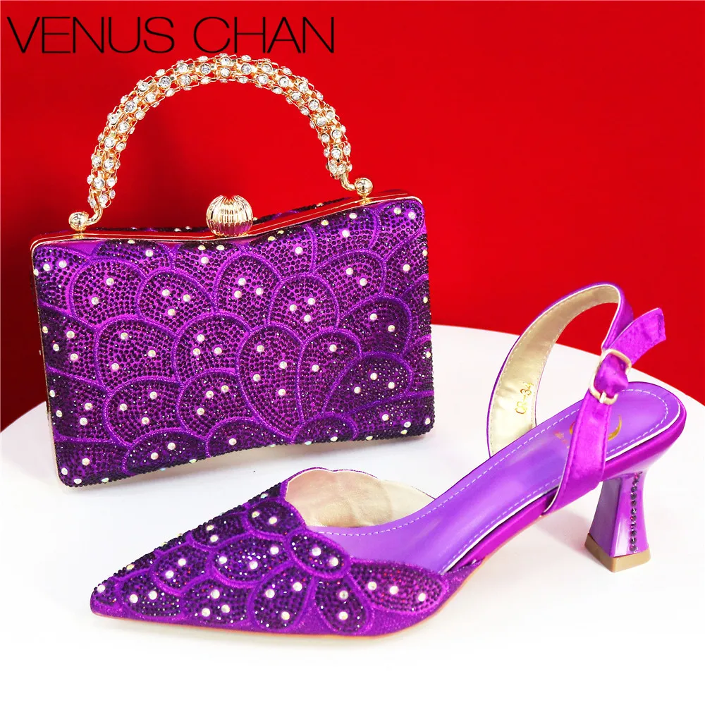 

2026 Popular Pointed Women Shoes Heels and Bags Rhinestone Chain Ladies Wedding Party Elegant and Luxurious Fashion