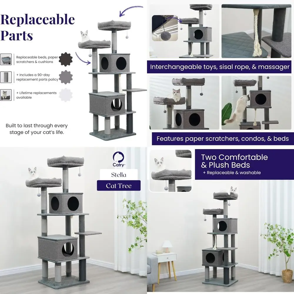 

Большое льняное и стеганое бархатное кошачье дерево 67,5 с когтеточками, двумя предметами, съемными кроватими, игрушками, легко чистится, подходит для большого кота