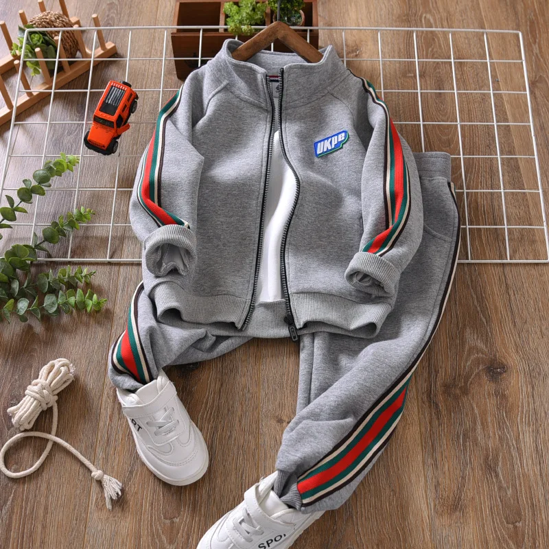 

School Kids Tracksuit Jogger Set Full Zip Striped Boys Fleece Hoodie + Sweatpant Sets Children Outfits Spring Autumn 3-14 Years