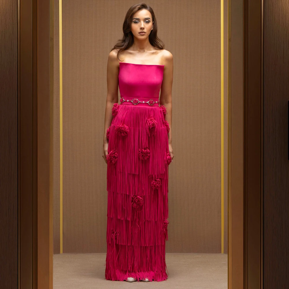

Bohomian Strapless Tassel 3D Flowers Evening Dress for Women Customized Sleeveless Straight Party Gowns Special Occasion Dresses