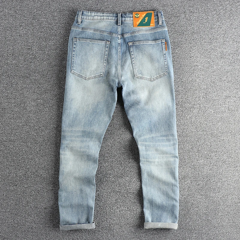 New wash light blue ground white jeans men\'s spring American fashion brand small straight leg retro casual youth pants