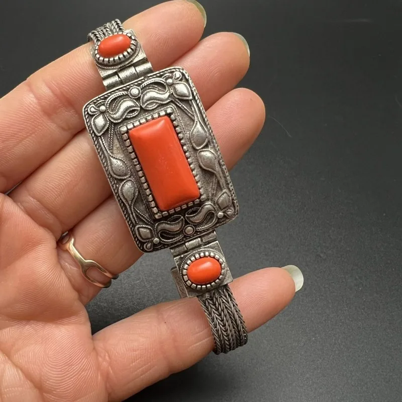 New Mongolian Style Bracelet, Square Inlay, Vintage Distressed, Ethnic Minimalist Jewelry