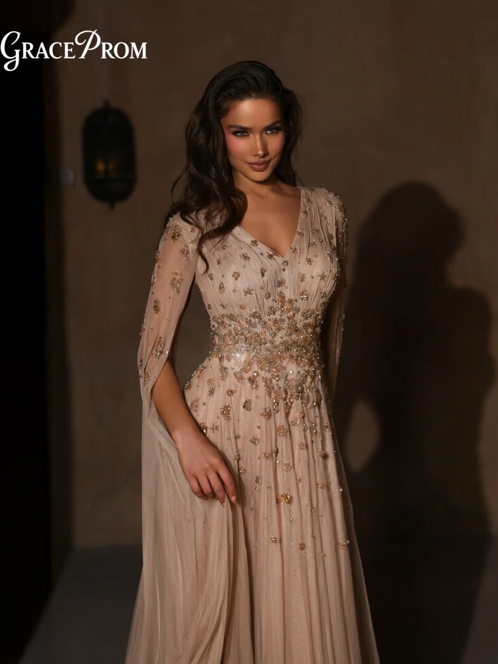 

Elegant A Line Long Dress With V Neck Cape Sleeves Starry Beaded Bodice Party Dress Evening Gown For Wedding Guests فساتين سهرة
