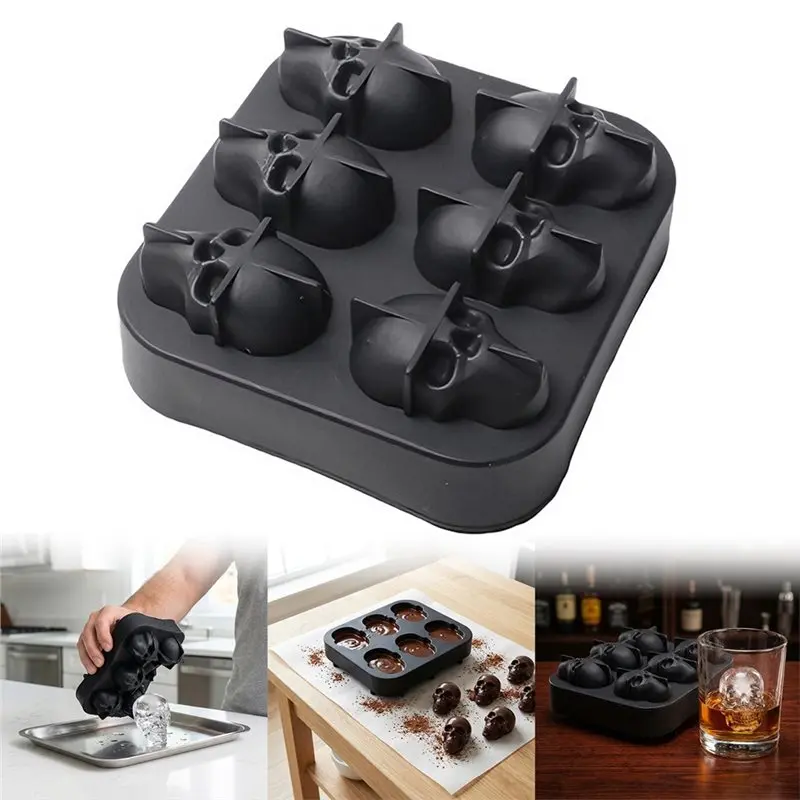 A53Q-Food-Grade Silicone Skull Ice Mold Mould 6 Pcs Easy Release Party Cocktail Beverage Ice Mold Set Trays
