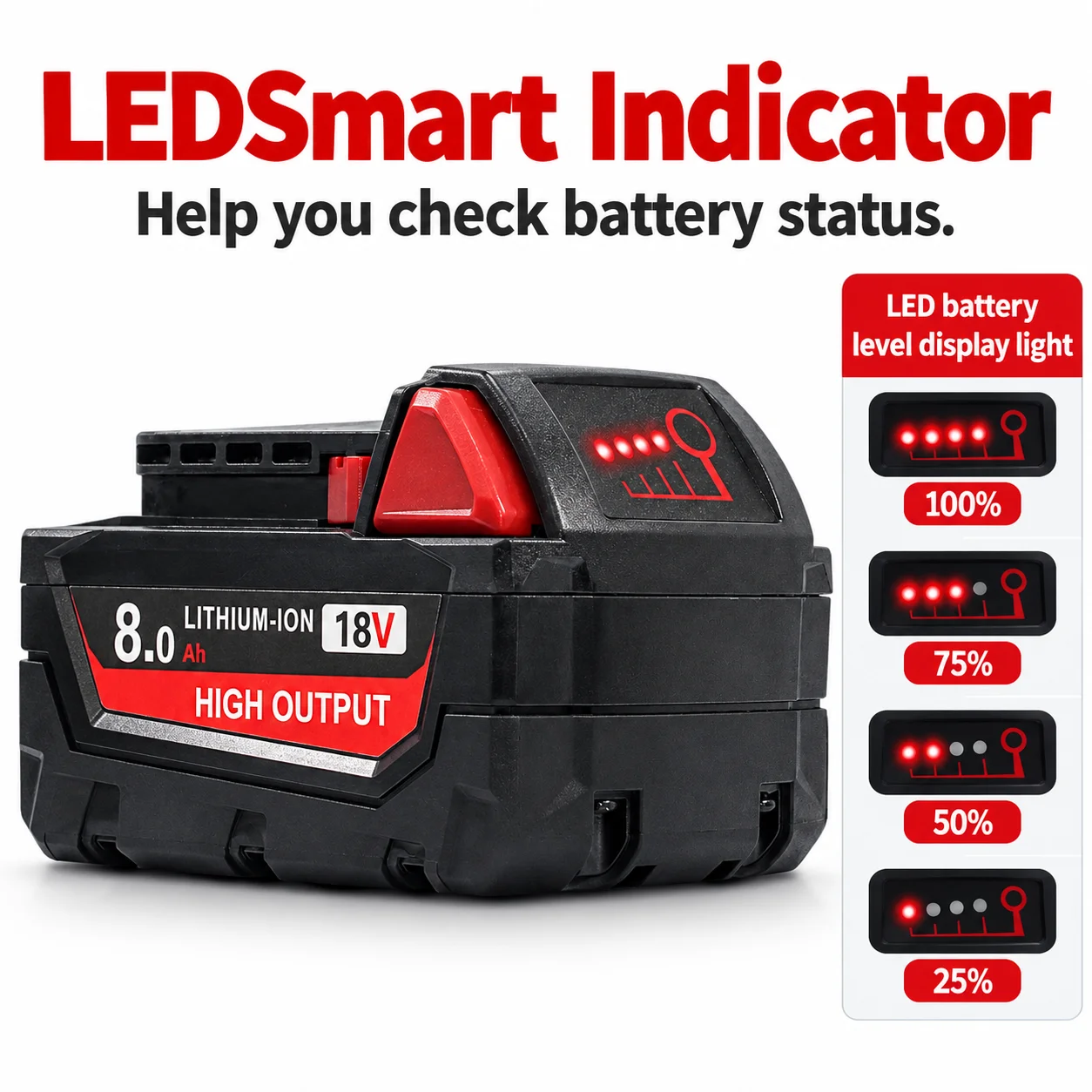 8.0Ah 18V Li-ion Battery for Milwaukee M18, Replacement for 48-11-1812 48-11-1890 48-11-1850 Power Tools