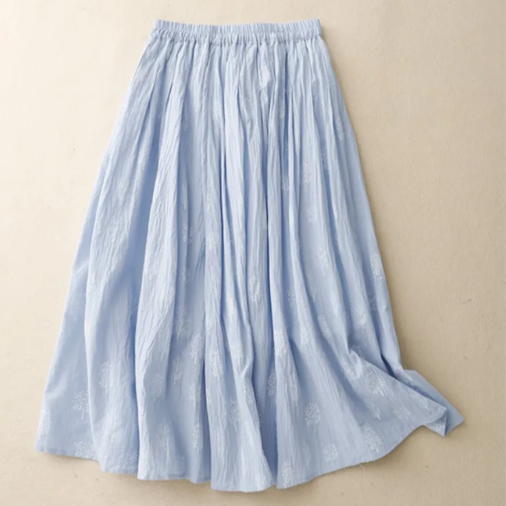 レトロフォレストシステム刺繍入り二重層麻スカート女性用夏薄手伸縮性ウエストドリフトAラインロングスカート