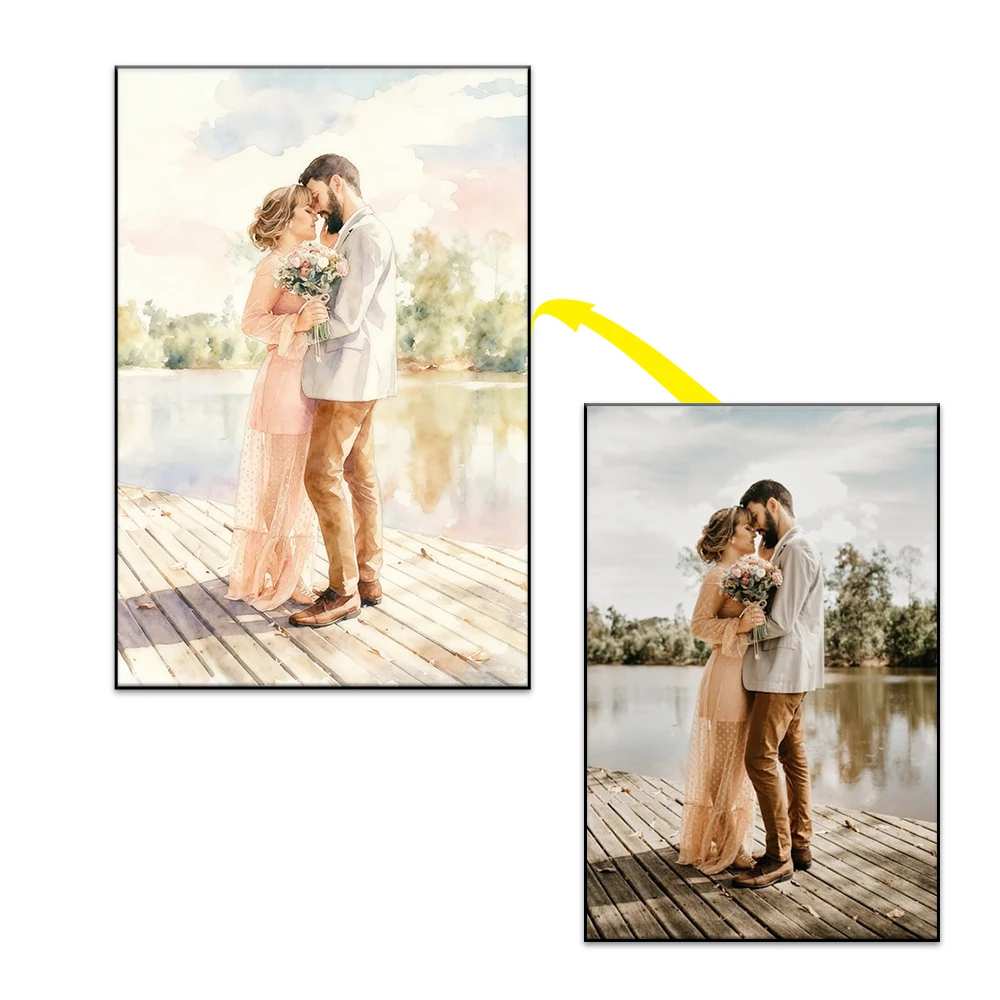 لوحة زوجين مخصصة من الصورة، صورة مائية مخصصة لذكرى الزفاف، هدية تذكارية للحيوانات الأليفة الفريدة، طباعة قماشية #2