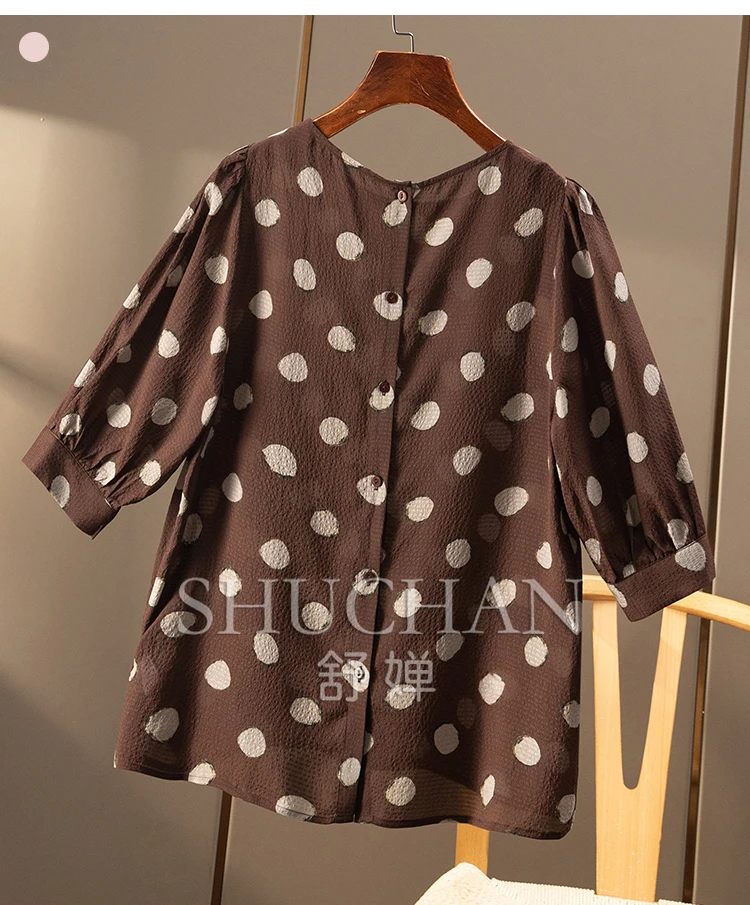 Elegant intellectual blouse polka dot 2025 printing silk bubble crepe five-quarter sleeve shirt new women's 7W44