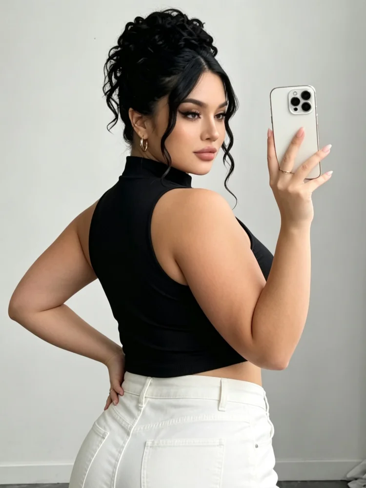 Plus Size Women Tank Top Halter Mock Neck Half Zip Ribbed Cropped Slim Fit Sleeveless Tops Summer Daily Casual Wear image 5