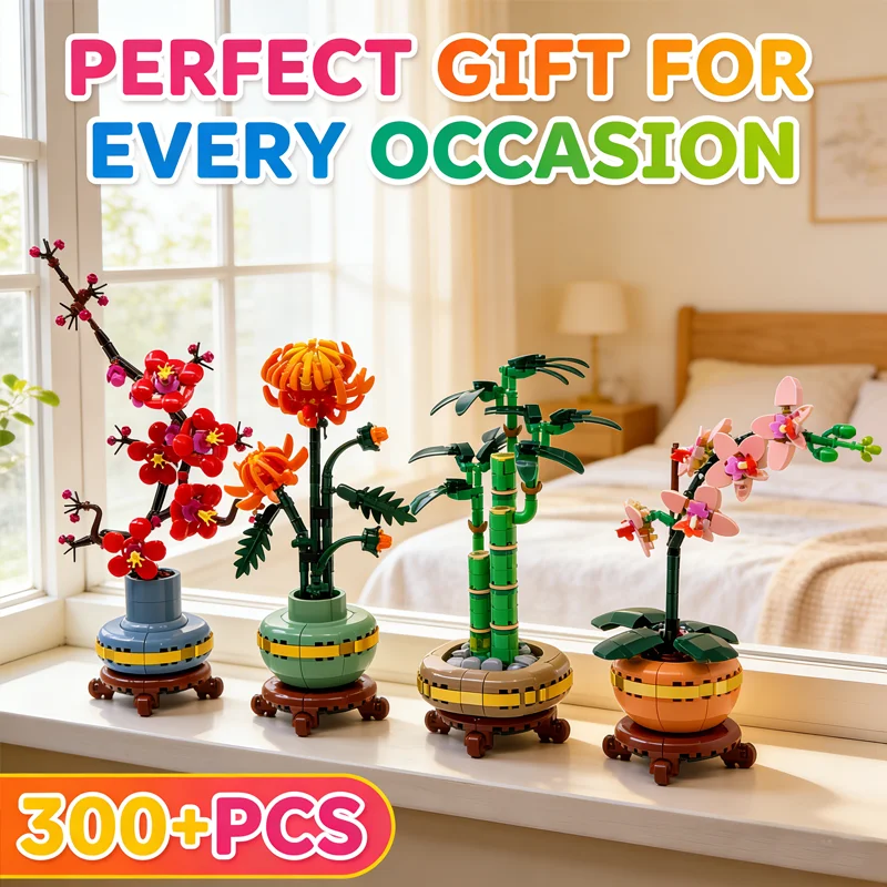 

Новый конструктор «Орхидея, бамбук, хризантема, цветы сливы» для детей и взрослых, набор для сборки цветов, декор для дома, креативный подарок, игрушка, 300+ деталей