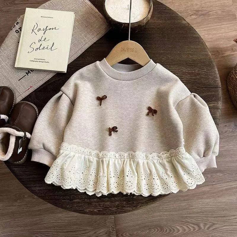 Winter Bellbell Kids Girls Fleece Sweatshirt Bow Lace Hem Infant Babys Girls Pullovers 1-6Yrs Toddler Girls Bubble Long Sleeves