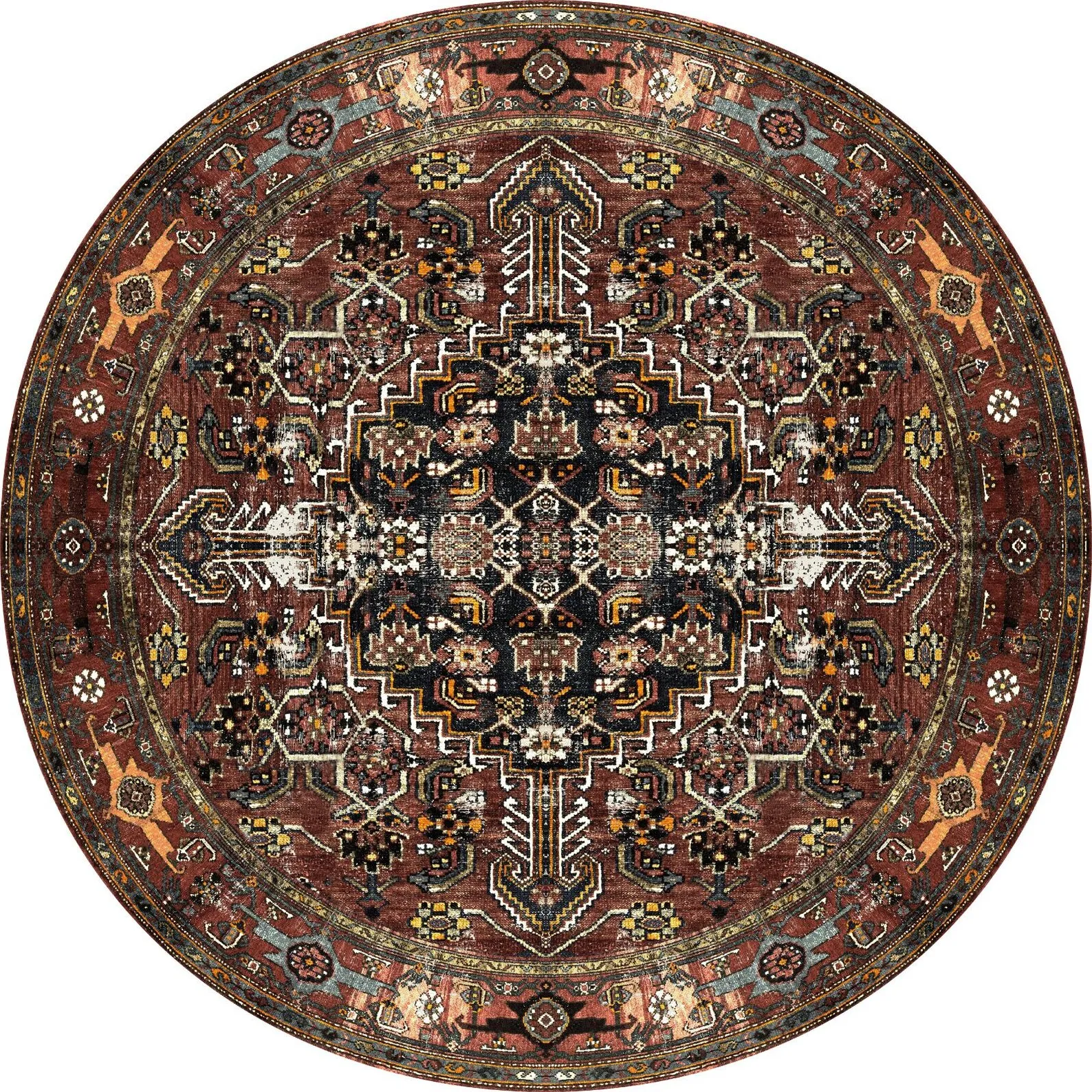 Alfombra Redonda Antideslizante con Medallón Oriental Rojo Marrón Desgastado Estilo Retro, Alfombra Decorativa Vintage Boho para Interiores