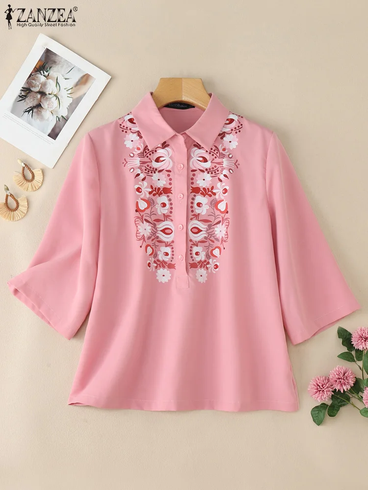 

ZANZEA Casual Floral Printed Collared Shirts Women 3/4 Sleeve Half-Button Day Wear Blouses 2025 Summer Commuting Chemise Femme