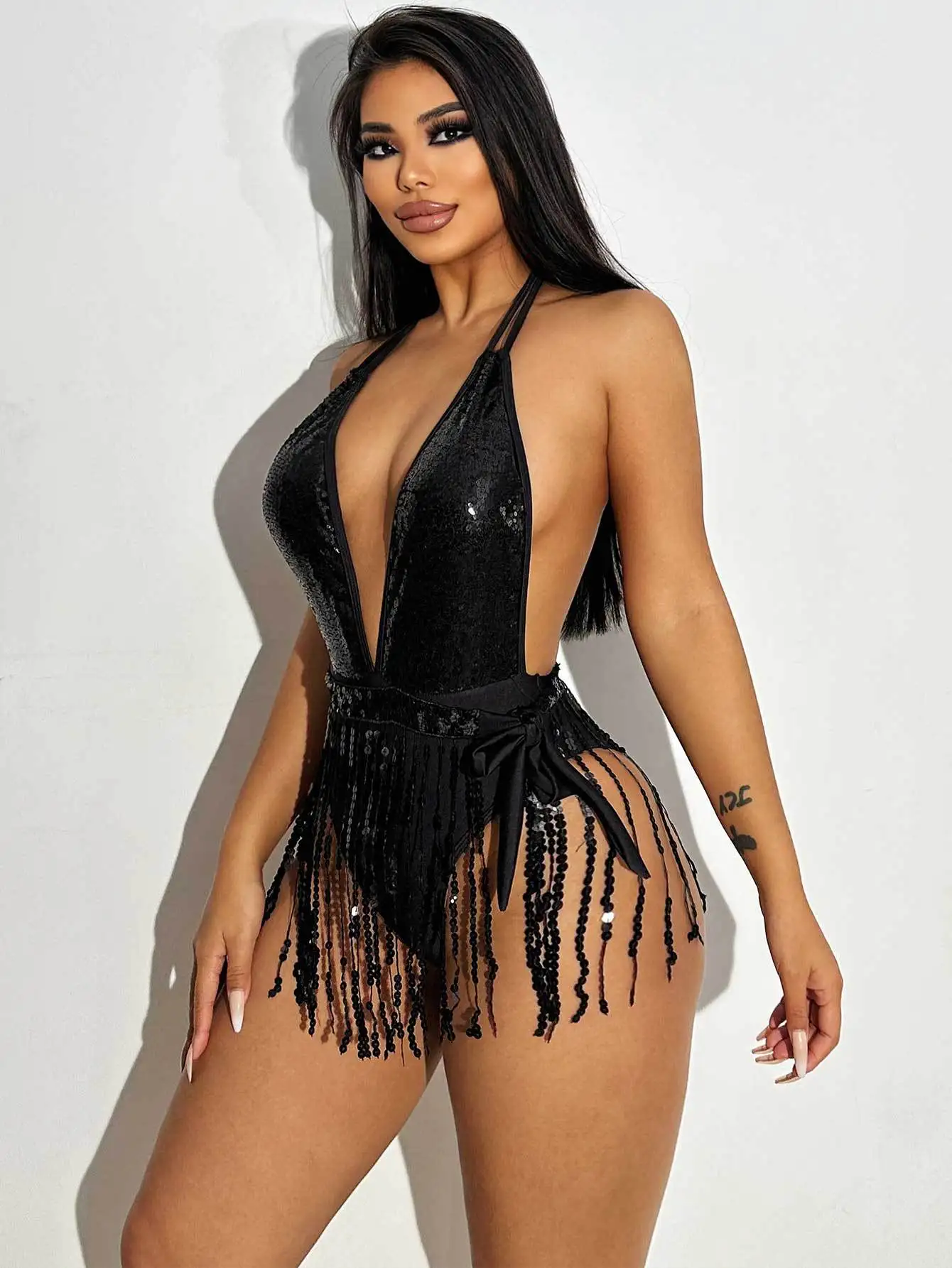 Sexy Black Bikini Women Pole Dance Backless Bodysuit Tassel Skirt Nightclub Gogo Outfit Burning Man Rave Clothes Party Suit 2024