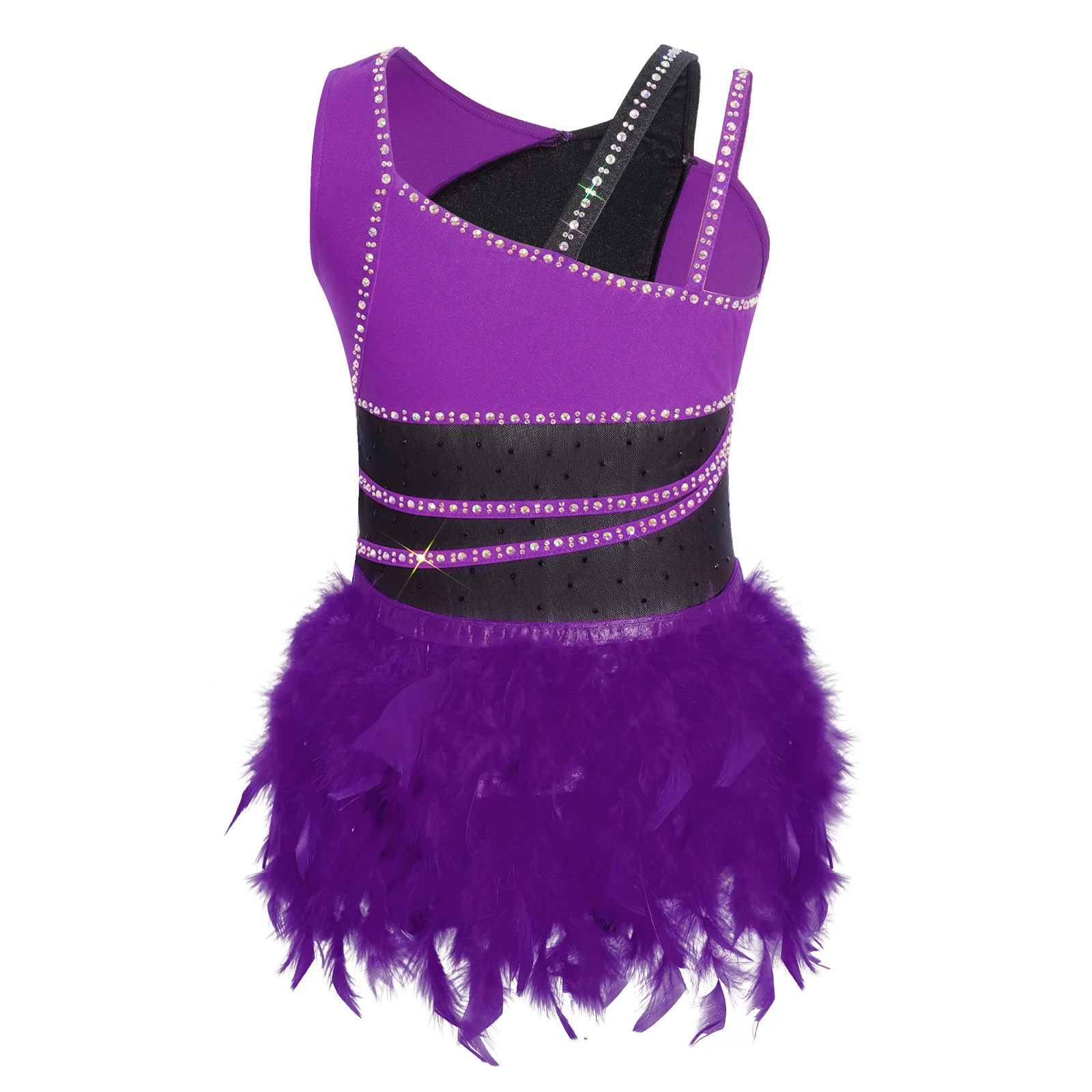

Asymmetrical Shoulder Color Block Ballet Bodysuit Kids Girls Shiny Rhinestone Feather Latin Dance Leotard Chacha Tango Rumba
