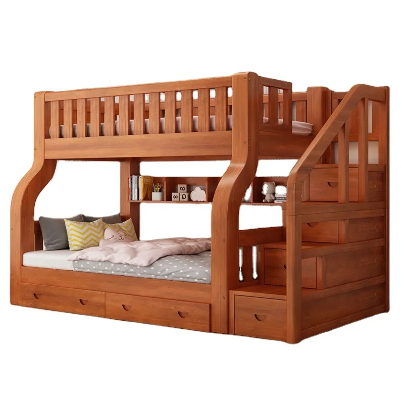 SeaMind Morden Solid Pine Wood Double-Decker Bunk Bed High-Low Mother-Child Bed Upper/Lower Berth Two-Layer Wardrobe Baby Beds