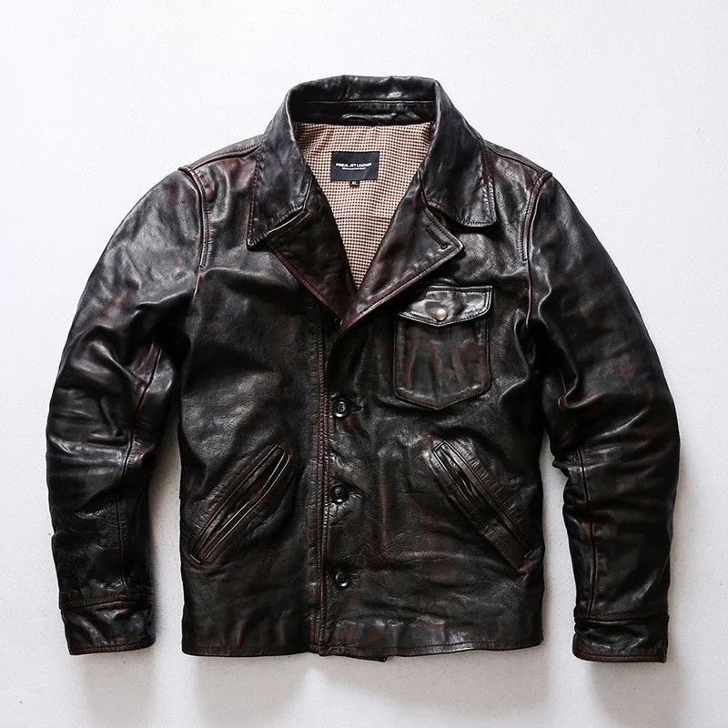 Men's lapel single-breasted casual short motorcycle leather with a first-layer tea core