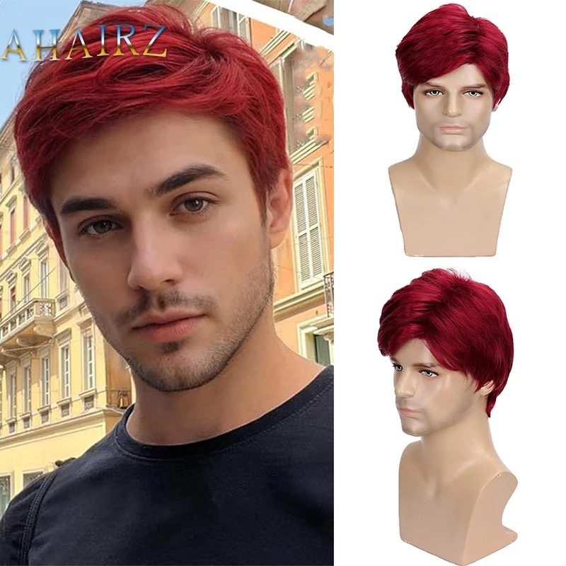 

Synthetic Short Red Curly Wig with Side Bangs for Men Daily Cosplay Party Use Fake Hair Heat Resistant