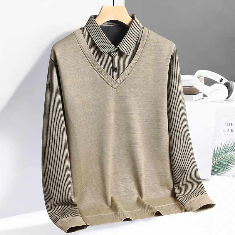 Men's Polo Shirts Spring Autumn Blouse Shirt Fake Two Pieces Pullovers Man Clothing Shirt Collar Business Casual Male T-shirts