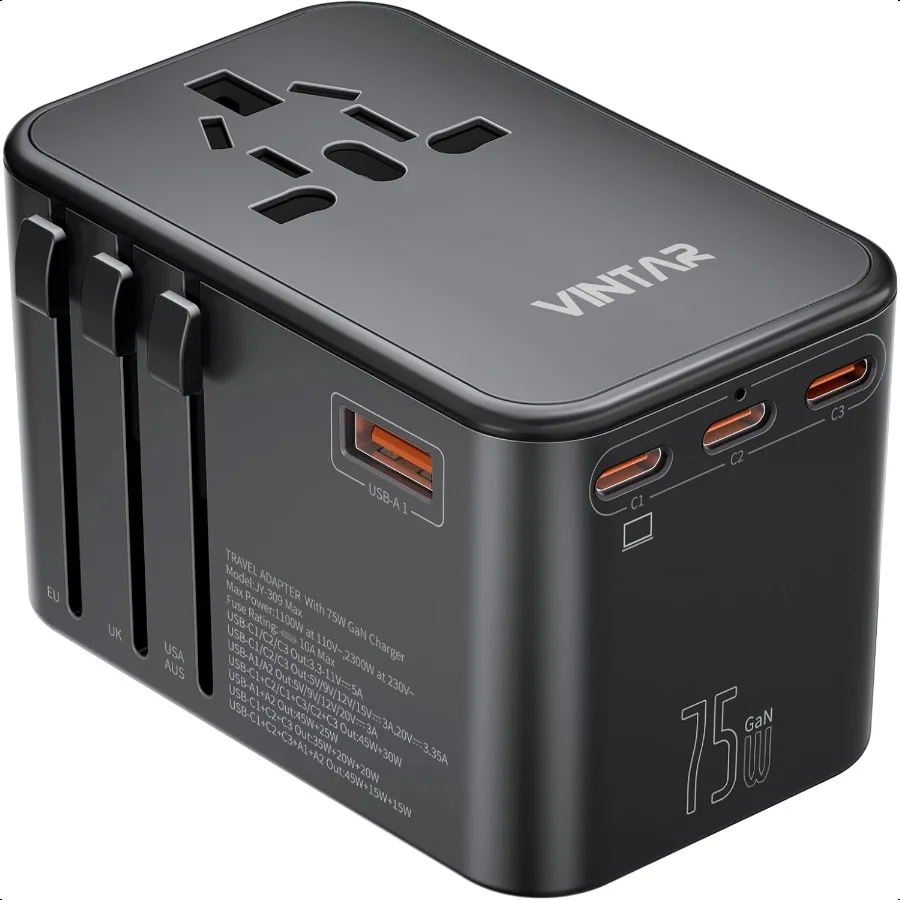

Universal Travel Adapter 75W GaN International Power Adapter with 3 USB C PD and 2 USB A QC All in One Travel entials for UK EU