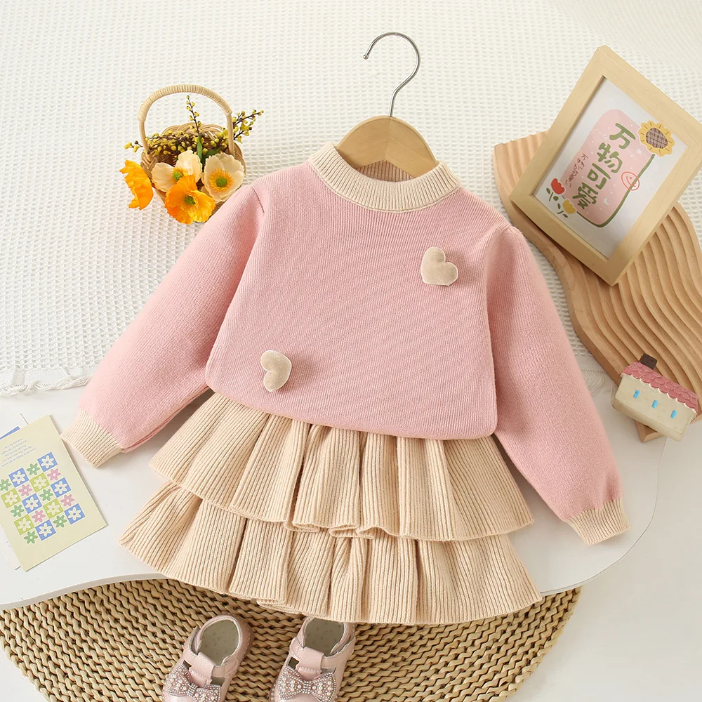 2-7Y Girls Clothing Set Prom Heart Sweaters Pleated Skirt 2PCS  Girls Knit Suit Knit Pullover