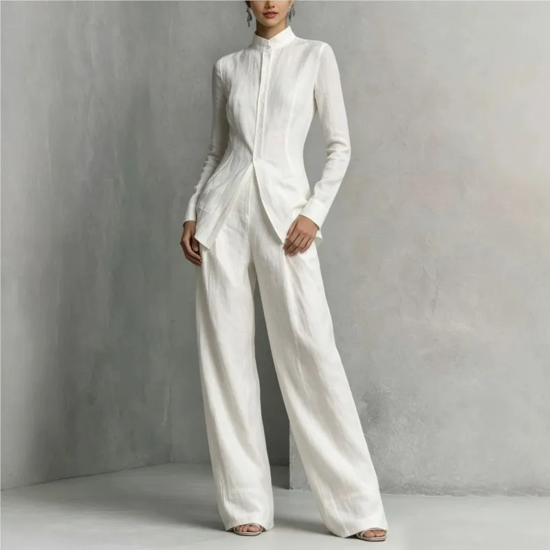 Autumn Fashion Bodycon Trousers 2 Piece Set Woman Elegant Standing Collar Long Sleeve Shirt + High Waist Wide Pants Suits Female