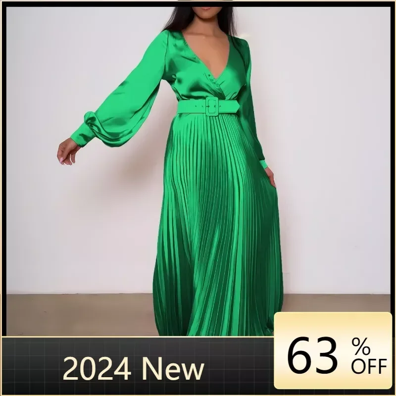 

Elegant Fall Solid Color Maxi Pleated A Line Dress Belt Design Waist Skirt Long Lantern Sleeve V Neck Flowy Vestidos