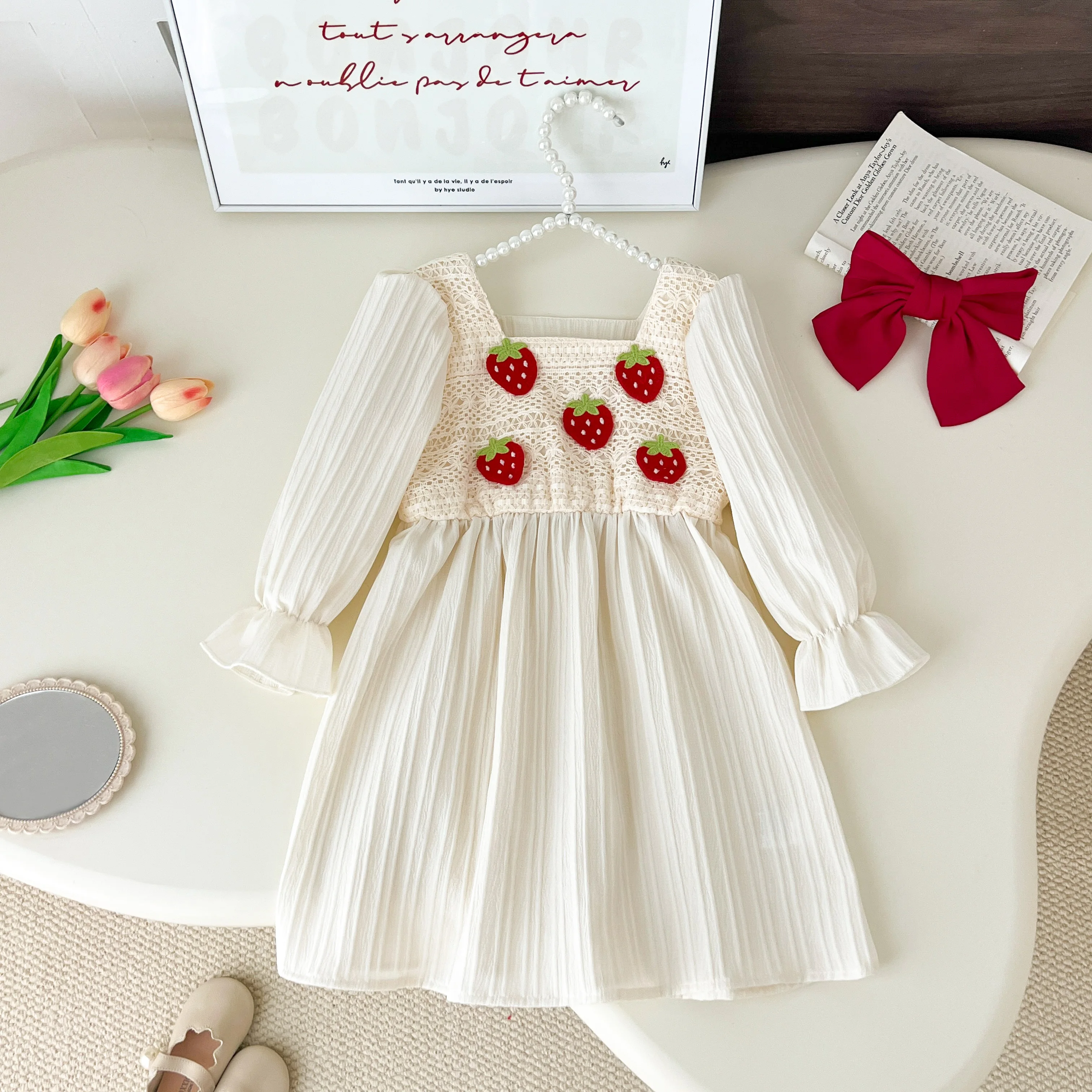 Girls Clothing Dress Autumn Solid Strawberry Patch Chouled Square Neck Long Sleeve Dress Kids Clothes