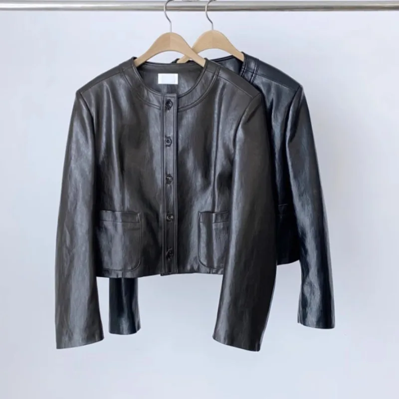 Moda outono jaqueta de couro marrom em torno do pescoço mangas compridas único breasted projetos jaqueta feminina preto couro do plutônio casaco emendado