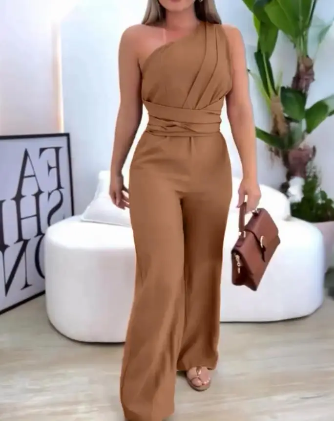 

Women's Jumpsuit 2025 Spring Summer Latest Casual Asymmetrical Neck Sleeveless Ruched Overall Tied Detail Elastic Waist Jumpsuit