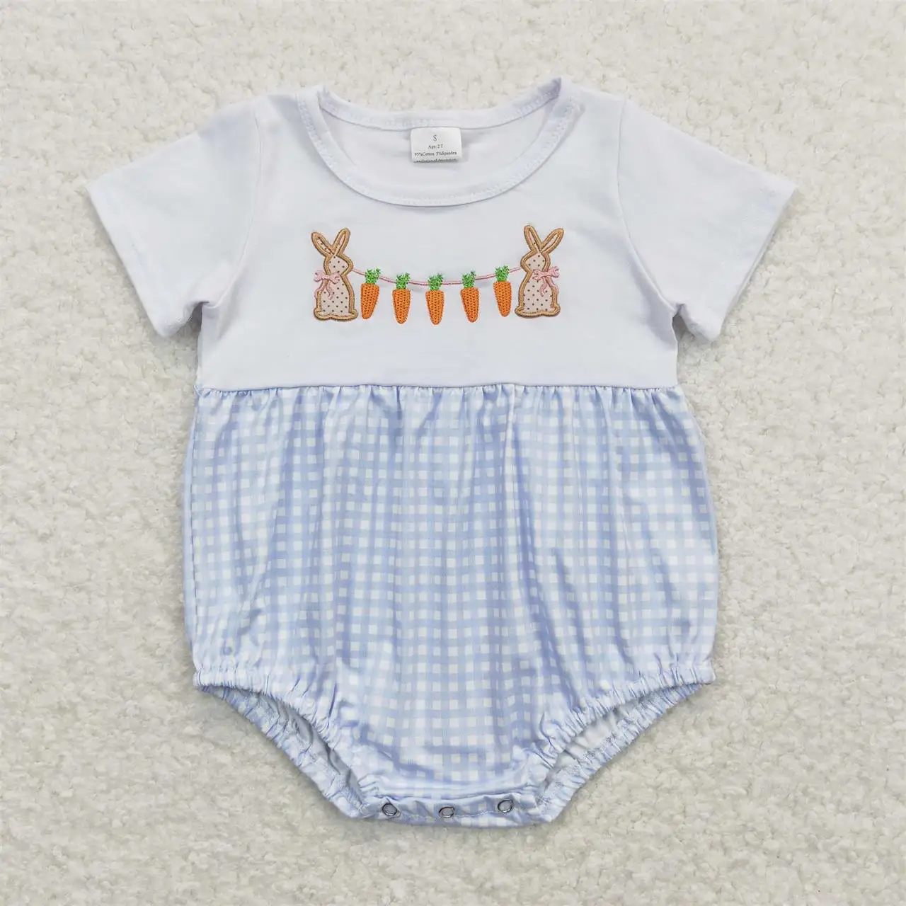 Wholesale Children Kids Toddler Embroidery Rabbits Carrots Newborn Easter Plaid Short Sleeve Romper Baby Boy Girl Bubble Clothes