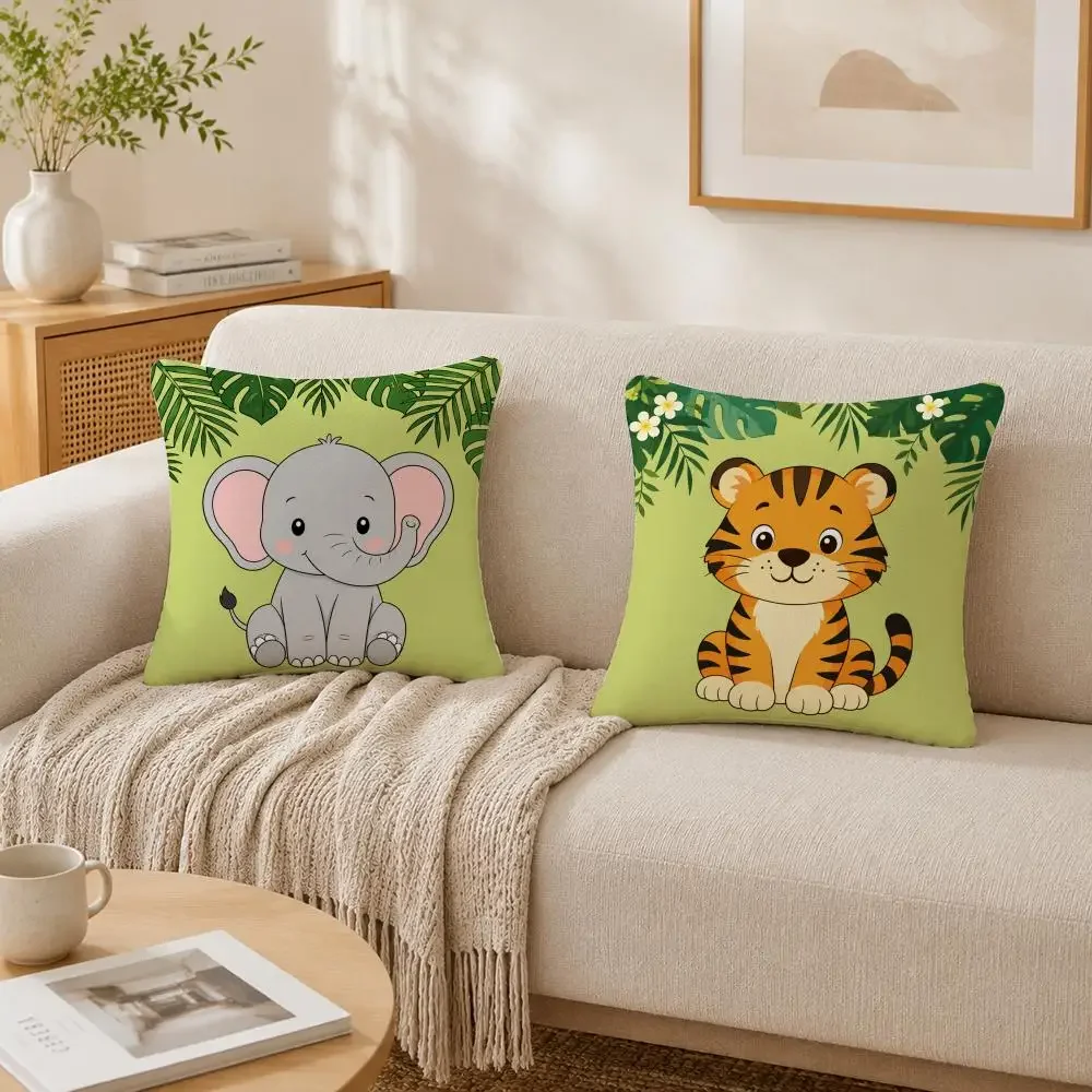Cartoon Animal Zoo Hold Pillow Case Double-Sided Plush Sofa Cushion Covers Organic Breathable Invisible Zipper