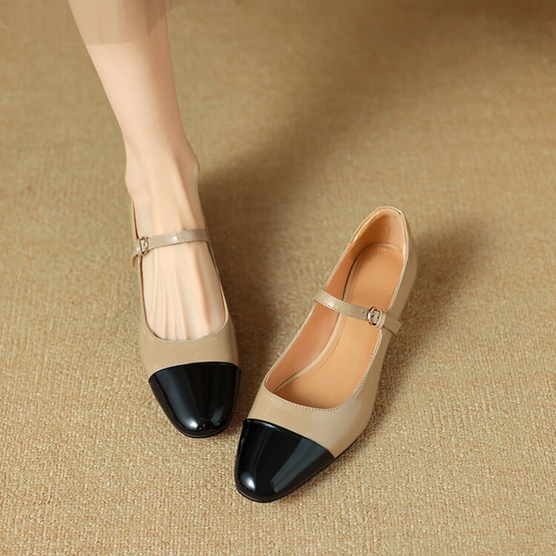 NEW Spring/Autumn Women Pumps Square Toe Low Heel Shoes Patent Leather Shoes for Women Mixed Colors Buckle Strap Mary Janes Shoe