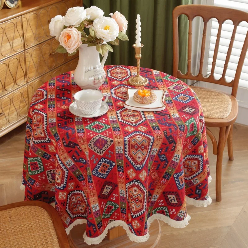

Moroccan Retro Round Tablecloth Red Geometric Pattern Cotton Linen Fringe Dining Tablecover Bohemian Style Cover Cloth