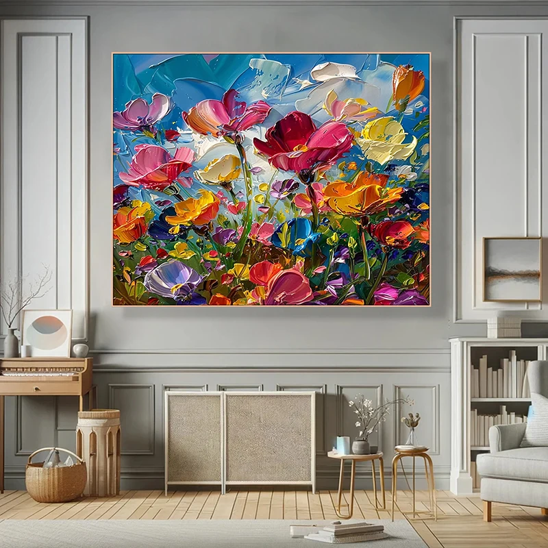 Colorful Floral Painting, Modern Abstract Wall Art Poster, Vibrant Flower Textured Picture, Living Room Home Decor Canvas Print