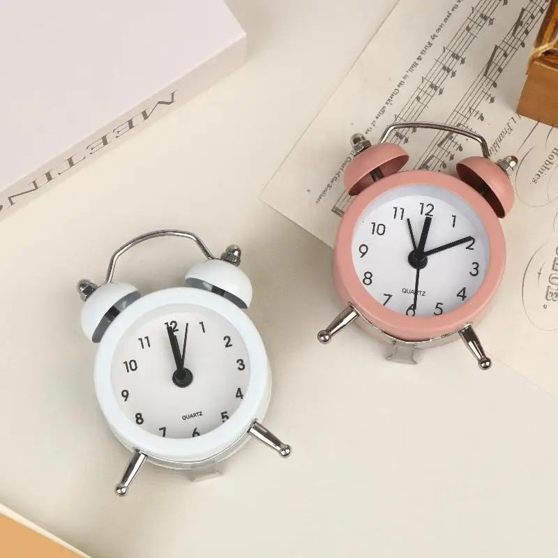 Mini Retro Twin Bell Alarm Clock Non-Ticking Loud Analog Wake Up Timer for Heavy Sleepers Bedroom Office Desktop Decor