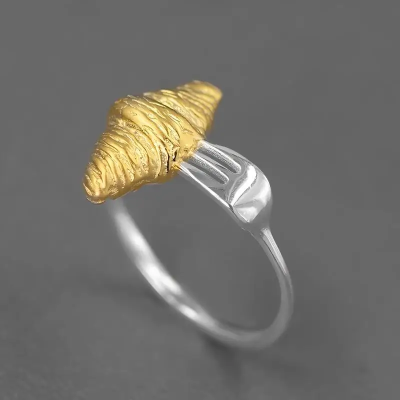 

Кольцо Lotus Fun Creative Breakfast Croissant and Fork Design из настоящего стерлингового серебра 925 пробы, ювелирные изделия