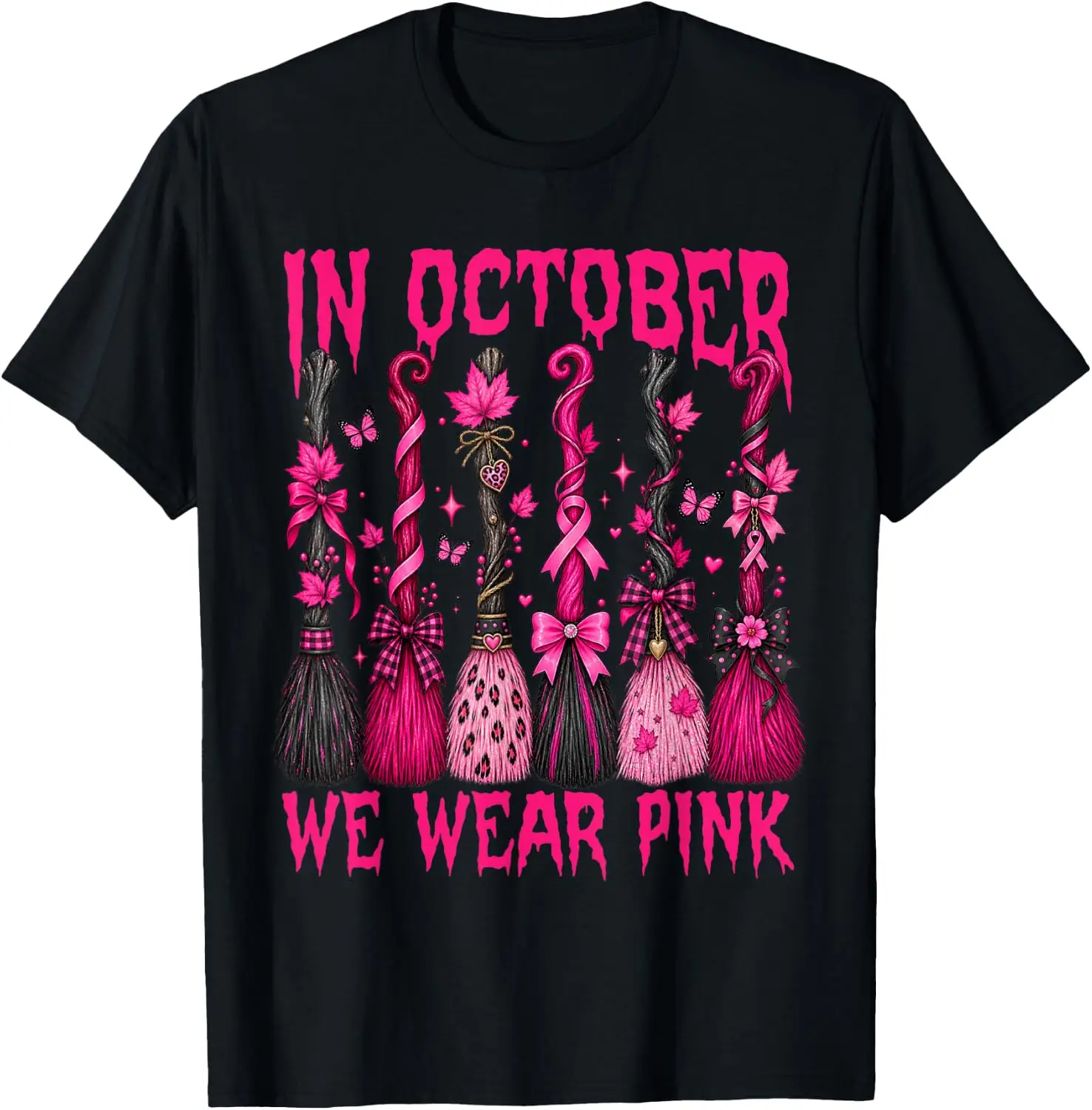 In October We Wear Pink Halloween Broom Witch Breast Cancer T-Shirt Versatile, heavyweight pure cotton short-sleeve tee—trendy, thick fabric; a great gift for Christmas or Halloween.