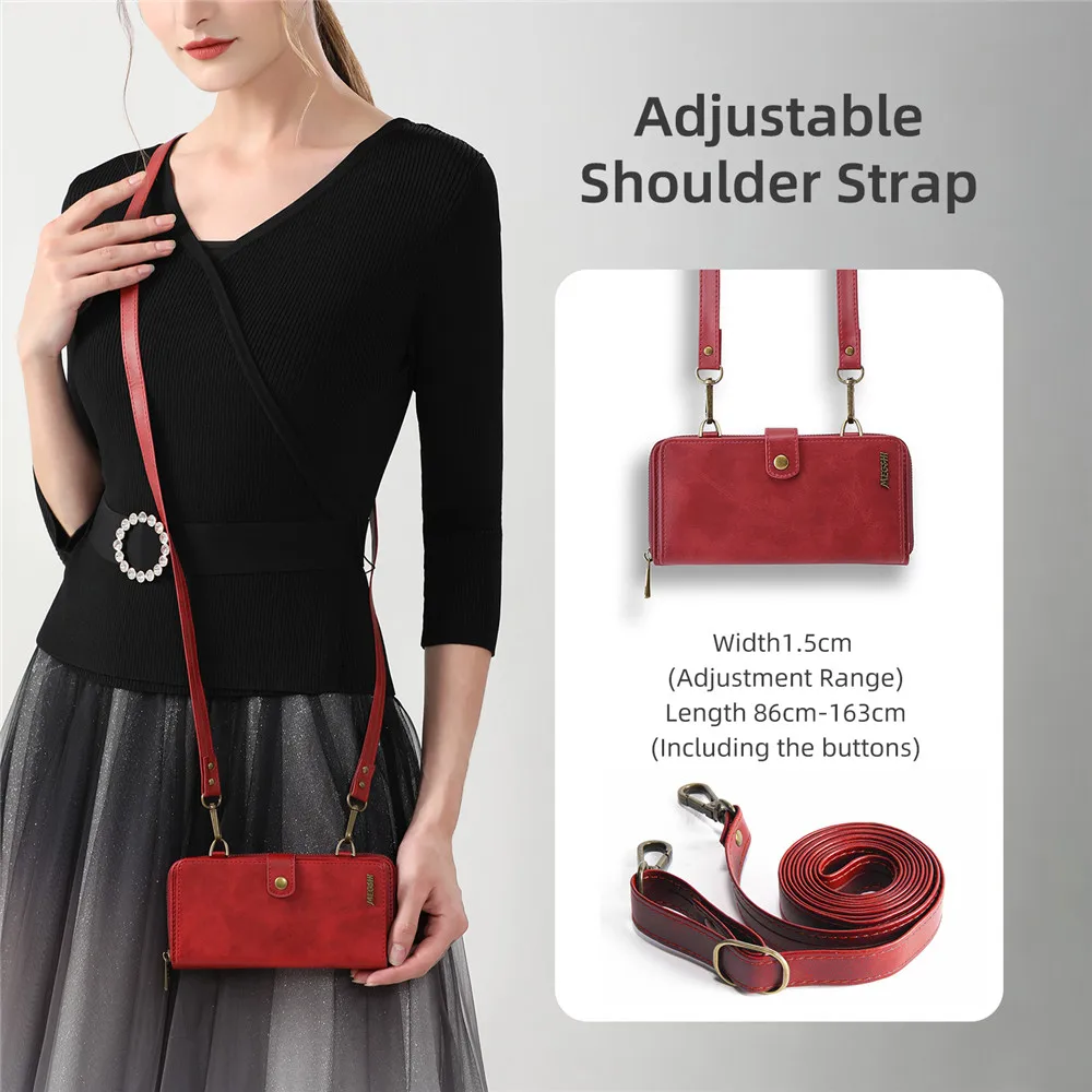 Lanyard Leder Reißverschluss Kartensteckplatz Brieftasche Hülle für iPhone 11 12 13 14 15 16 Pro Max X XS Max 7 8 Plus Geldbörse Crossbody Strap Cover