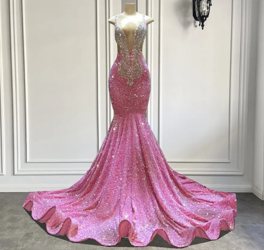 Abiti da ballo lunghi di lusso 2023 Sexy sirena scintillante rosa paillettes nero ragazze cristalli abiti da festa di Gala per compleanno Robe De Soiree