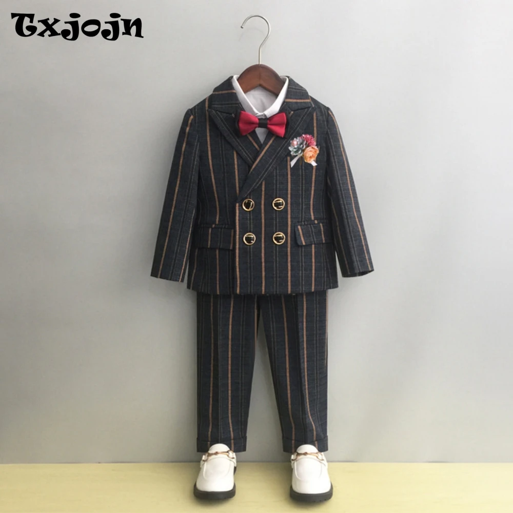 

Boys Formal Striped Suit Set 5 Pieces Host Costumes Double Breasted Kids Slim Fit Suits Wedding Ring Bearer Outfit Party Tuxedo