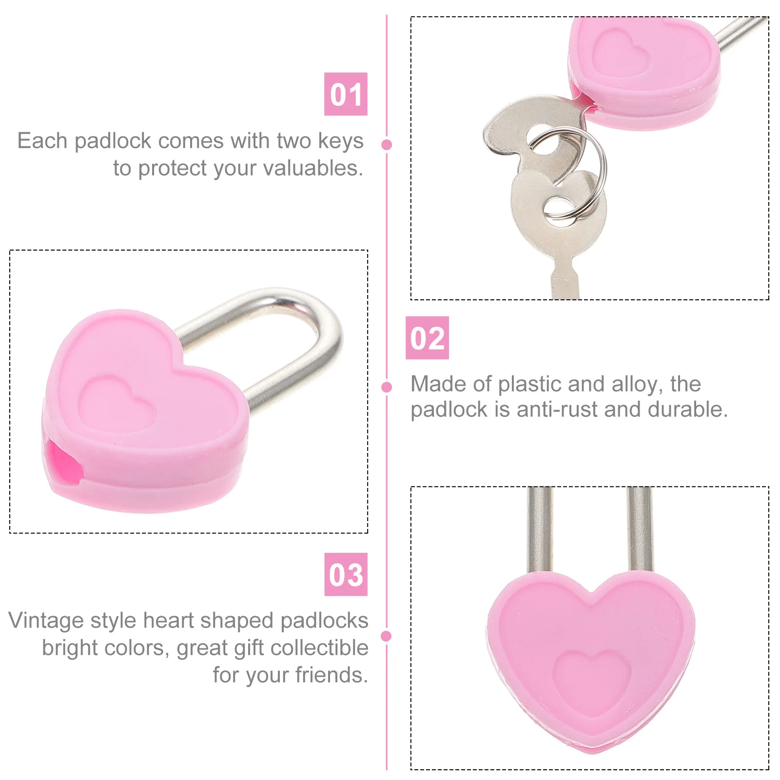 

Mini Heart Shaped Padlocks Light Pink Small Size for Diary Books Suitcase Locks Plastic Travel Vintage Style Two Keys Secure