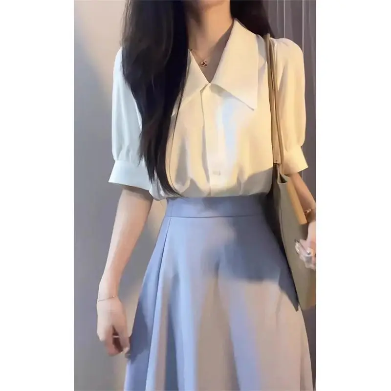 

Short Sleeve Shirts Womens Minimalist Button Down Blouse Solid Color Turn Down Collar Loose Fit Casual Modern Street Summer