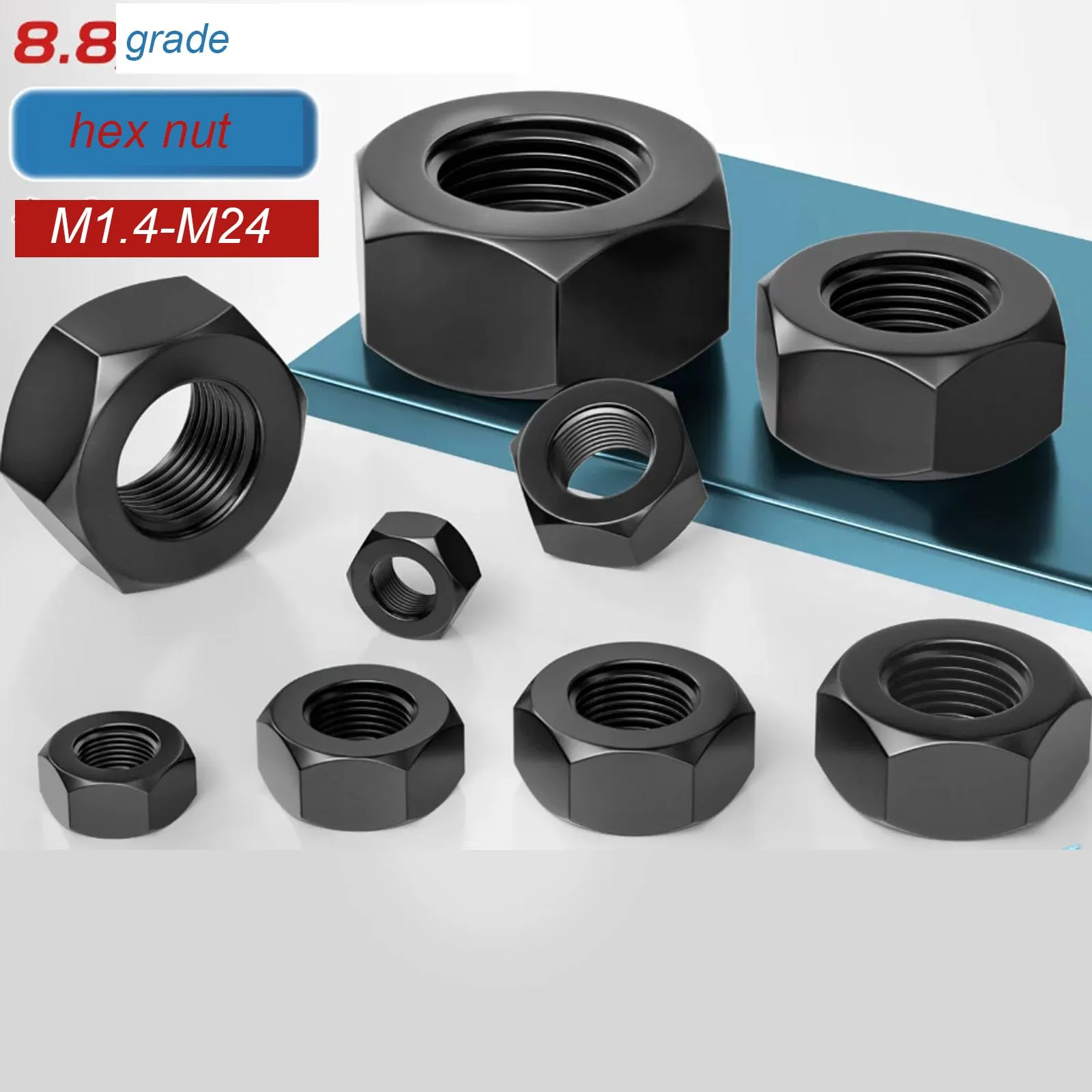 1/2/5/10/20/25/50pcs Black Grade 8.8 Steel DIN934 Hex Hexagon Nut M1.4 M1.6 M2 M2.5 M3 M4 M5 M6 M8 M10 M12 M14 M16 M18 M20 M24