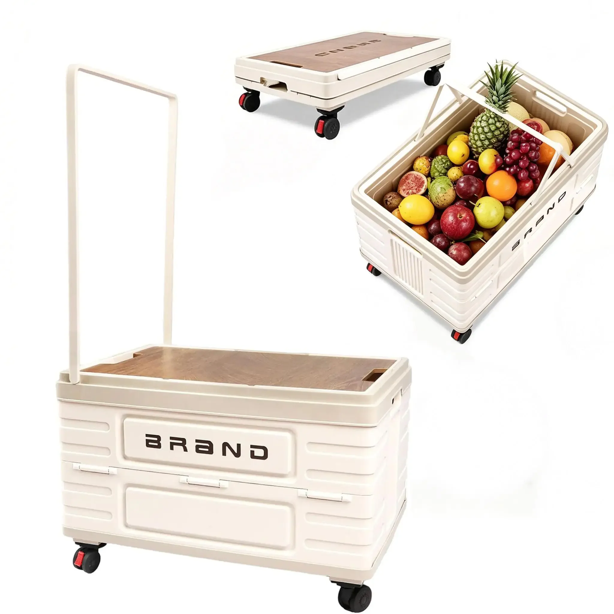 Foldable Rolling Storage Cart Collapsible Utility Shopping Trolley with Wooden Lid 360° Swivel Wheels Pull Handle Portable Plastic Organizer Bin Heavy Duty Crate for Grocery Camping Picnic Home Storage Moving Trunk Travel