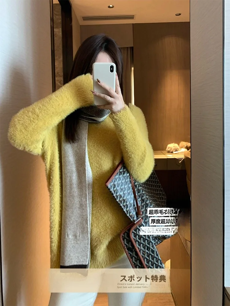 

Женский свитер больших размеров с круглым вырезом, повседневный, свободный, вязаный, зимний, теплый, утолщенный, в корейском стиле, для работы и отдыха