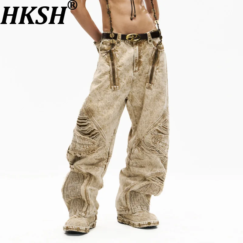 HKSH Autumn Winter New Men Tide Punk Waste Land Retro Techwear Denim Pants Personsoul Jeans Chic Ins Avant-Garde Fashion HK16713