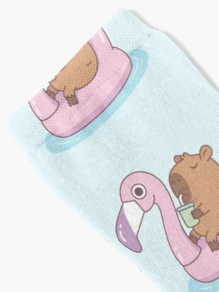 Cute Capybara Chilling On Pink Flamingo Pool Float Socks hip hop Lots cute Socks Girl Men's